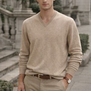 Lands End 100% Cashmere Sweater Mens L Tan V Neck Classic Luxury Knit